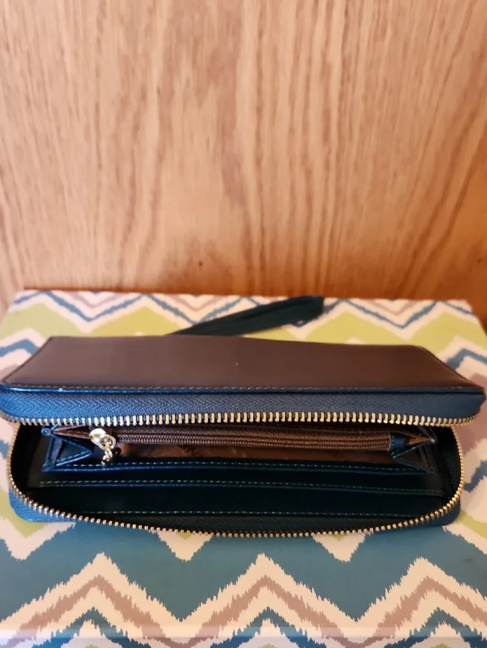 Blue Zip-Around Wristlet Wallet with Detachable Strap